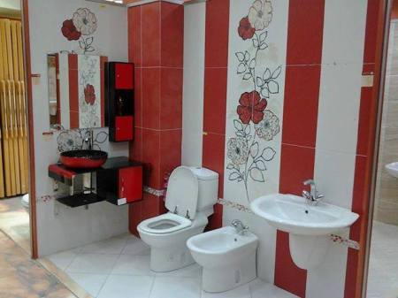 تصميمات حمامات باللون الأبيض والاحمر