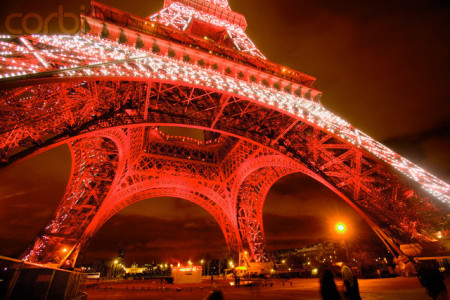 Base of the Eiffel Tower in Red Light